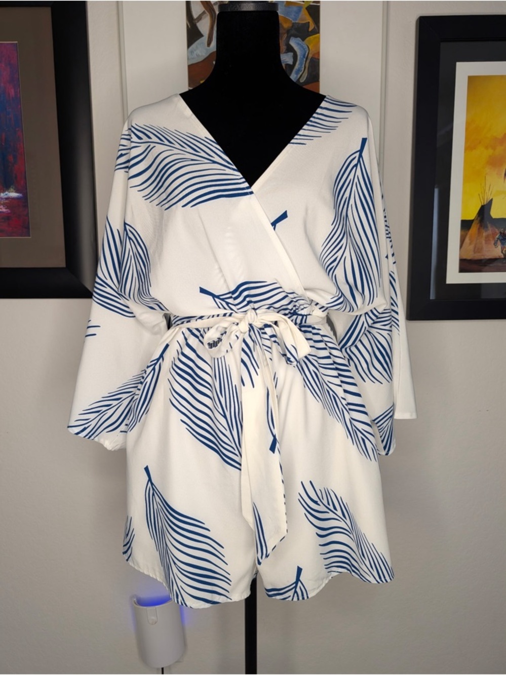 White Romper with Navy Leaf Print and Tie Waist